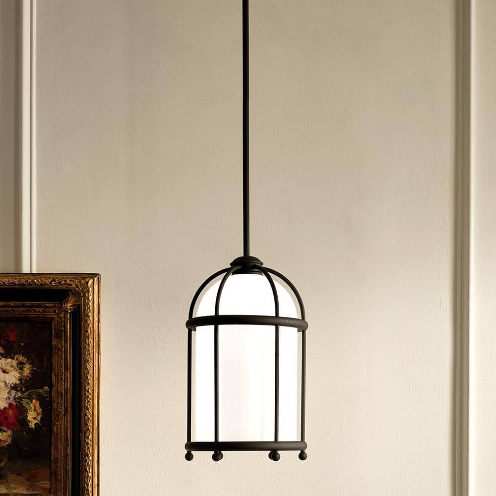 Topiary 1-Light Textured Black Vintage Cage Kitchen Pendant Hanging Light with Opal Glass Shade price history on PriceWatchPro