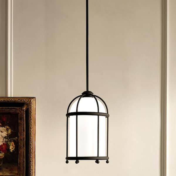 KICHLER Topiary 1-Light Textured Black Vintage Cage Kitchen Pendant Hanging Light with Opal Glass Shade