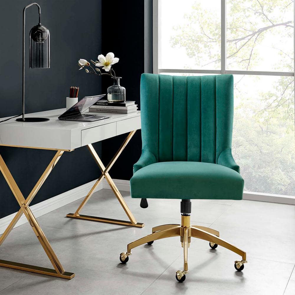 Gold Teal Velvet Swivel Office Chair with Gold Metal Base