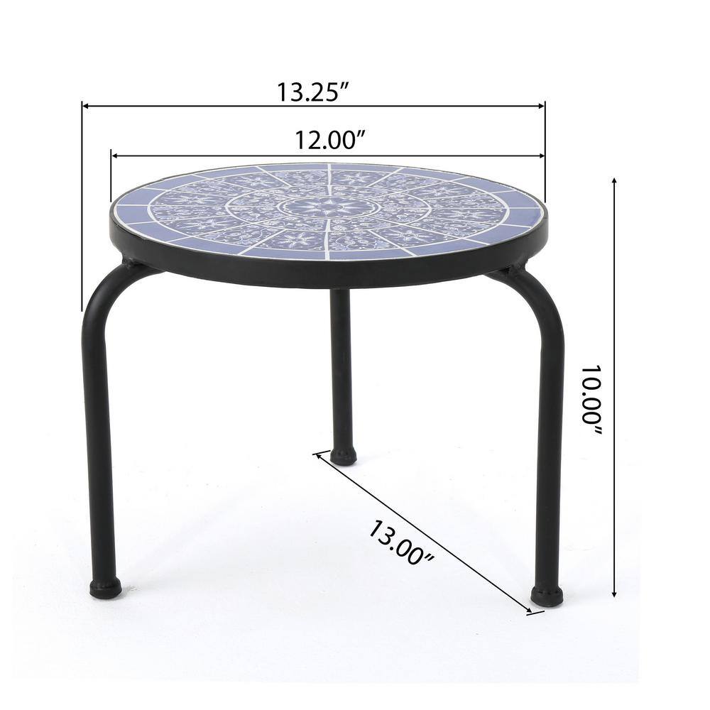 Blue and White Ceramic Tile Top Matte Black Iron Plant Stand