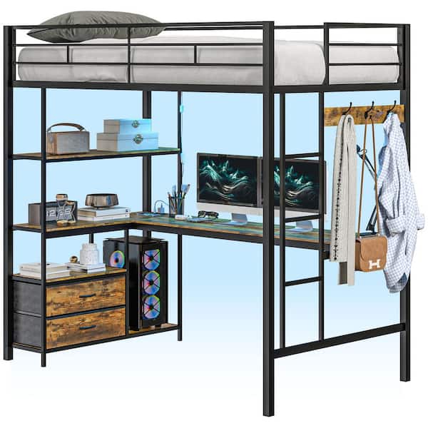 Metal Loft Bed Twin Size with L-Shaped Desk, LED Lights, Charging Station, Twin Loft Bed Frame with Shelves