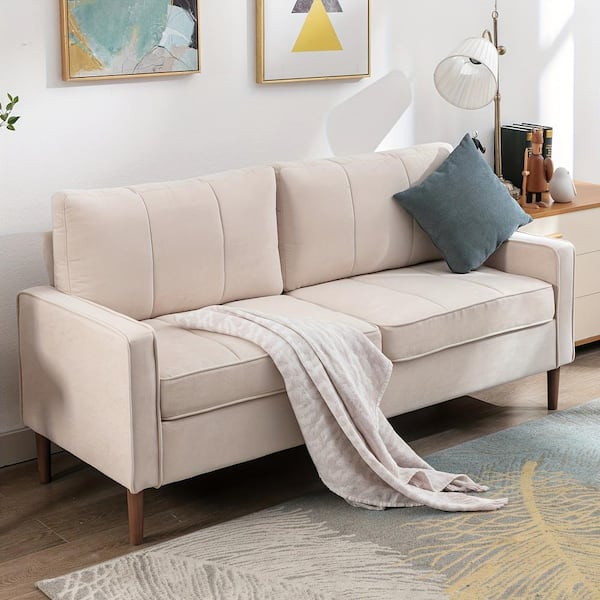 Bestier 68.5 in. Track Square Arm Linen Modern Square Love-seat Solid Wood Foot Sofa in Beige