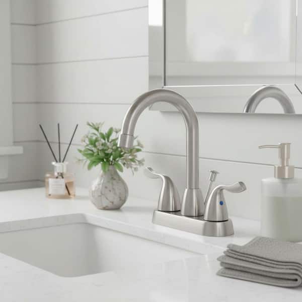Modern Double Handle 4 in. Centerset High Arc Bathroom Faucet with Lift Rod Drain Aaaembly in Brushed Nickel