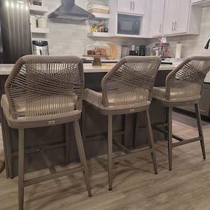 Modern Aluminum Twill Wicker Woven Counter Height Outdoor Bar Stool with Back and Light Gray Cushion (2-Pack)