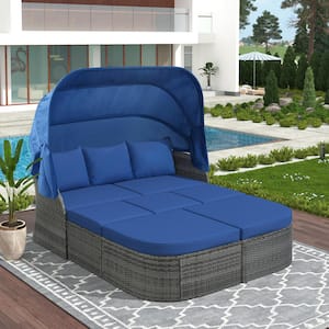 Patio Wicker Rattan Outdoor Day Bed with Blue Cushions and Retractable Canopy