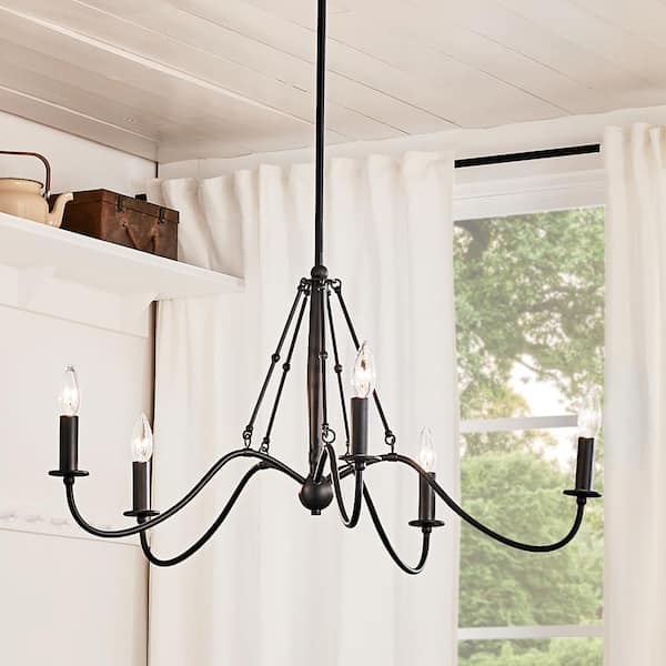 KICHLER Freesia 31.25 in. 5-Light Textured Black Vintage Candle Circle Chandelier for Dining Room