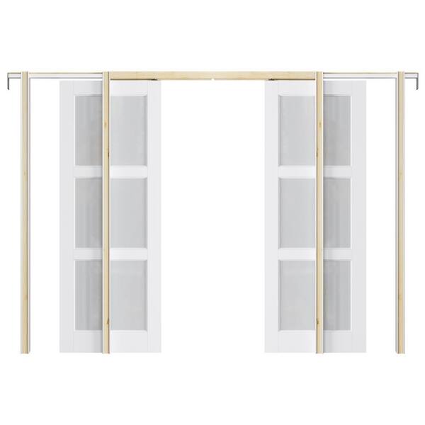 ARK DESIGN 64 in. x 80 in. 3Lite Frosted Glass White Primed MDF Pocket