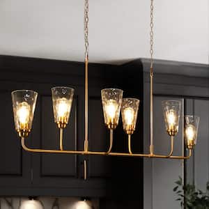 54 in. W Modern Island Chandelier 6-Light Plating Brass Linear High Ceiling Light with Bell Textured Glass Shades