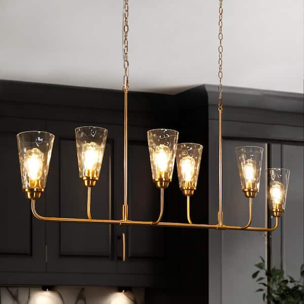 LNC 54 in. W Modern Island Chandelier 6-Light Plating Brass Linear High Ceiling Light with Bell Textured Glass Shades