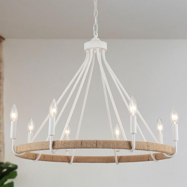8-Light Vintage White and Brown Farmhouse Hemp Rope Wagon Wheel Chandelier for Living Room