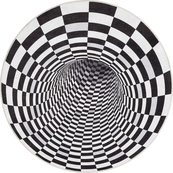 Apollo Vortex Modern Optical Illusion Black Ivory 5 ft. 3 in. x 5 ft. 3 in. Round Area Rug