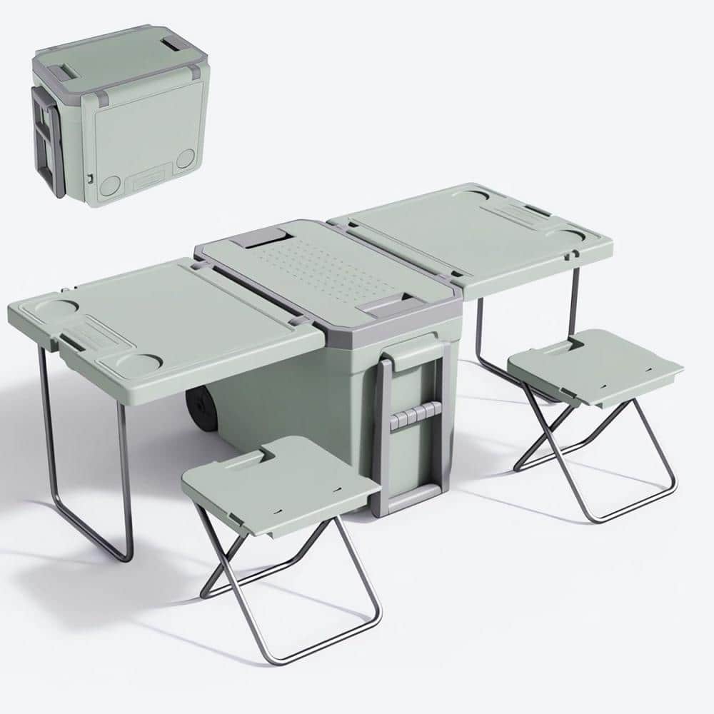 1.2 cu. ft. Outdoor Refrigerator Portable Leak-Proof Outdoor Insulated Camping Cooler in Gray Green w/ Wheels and Table