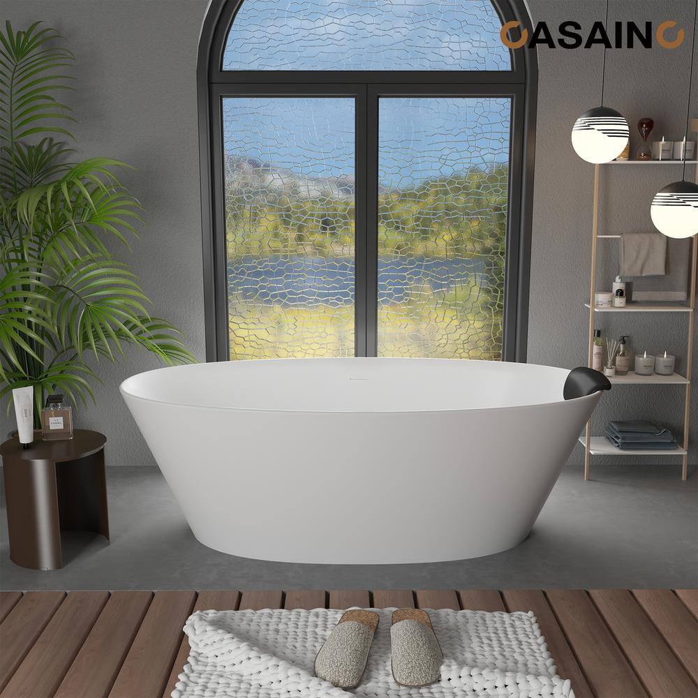 67" Matte White Freestanding Solid Surface Resin Bathtub with Black Pillow