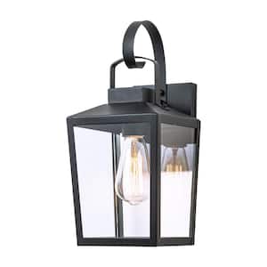 14 in. H Matte Black Outdoor Hardwired Wall Lantern Sconce with Clear Tempered Glass Shade and No Bulbs Included