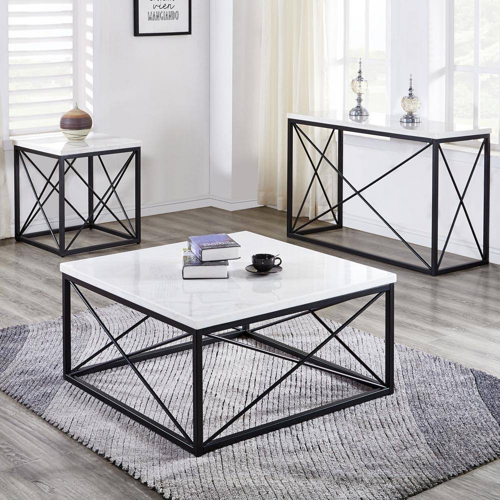 Skyler 26.5'' White Marble Top Square End Table with Black Iron Base