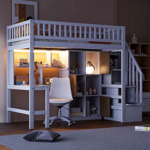 White Twin Loft Bunk Bed with Built-in Desk, LED Light, Storage Shelves and Staircase