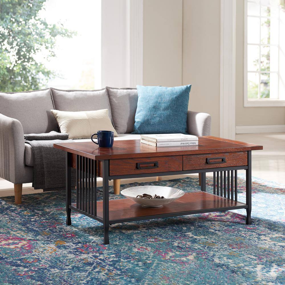 Leick Home Ironcraft 46 in. Burnished Mission Oak/Matte Black Rectangle Wood Top Coffee Table