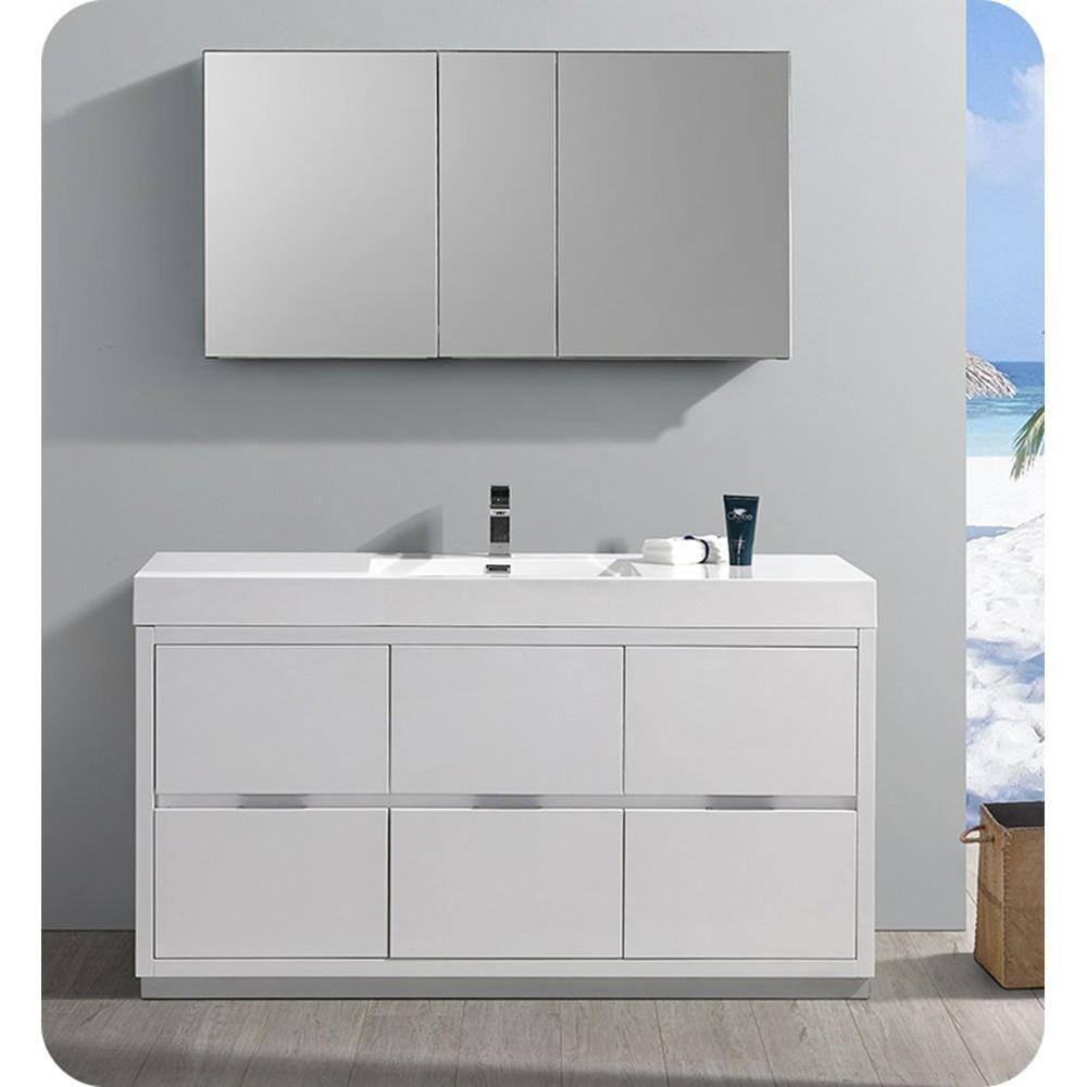Glossy White 60" Modern Freestanding Vanity with Man-Made Stone Top