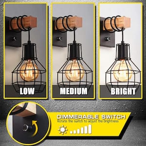 8.66 in. 1-Light Vintage Wooden Rustic Dimmable Wall Sconce for Indoor Living Room Bedroom with Black Cage Shade,1-Piece