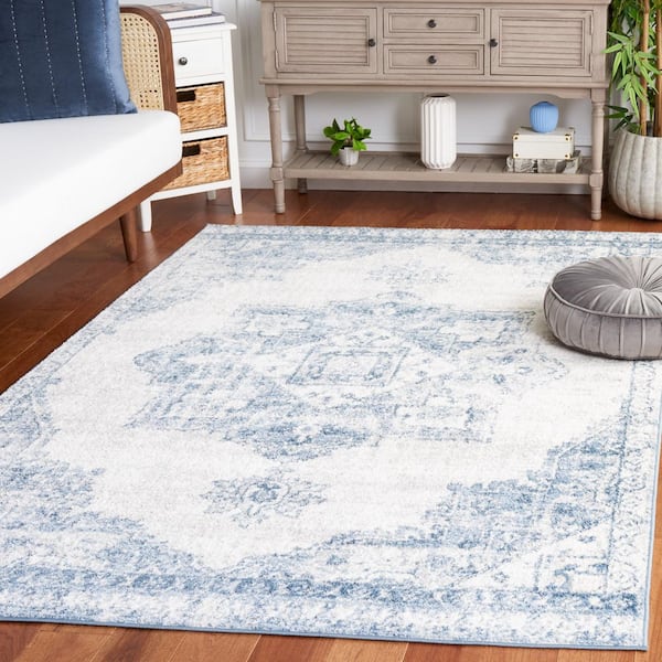 Layla 5 ft. x 8 ft. Ivory Gray/Blue Border Ornate Medallion Area Rug