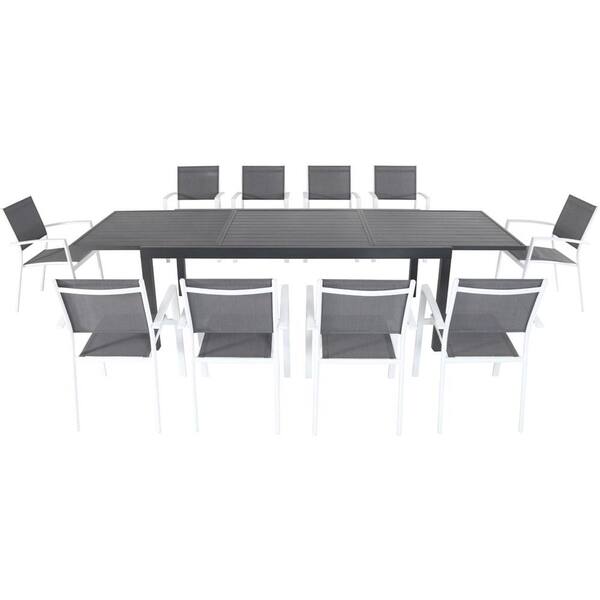 Cambridge Nova 11 Piece Aluminum Outdoor Dining Set With 10 Sling Chairs In Gray White 40 X 118 Expandable Table Novadn11pc Wht Aluminum Outdoor Dining Set, Extendable Outdoor Dining Table For 10