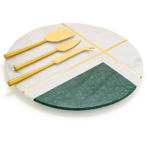 GAURI KOHLI 12 in. Vista White with Gold Knives Marble Cheese