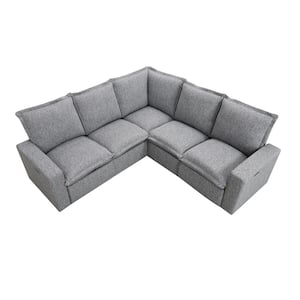 Home Theater 89.7 in. W Square Arm L-Shaped Linen Modern Power Recliner Sectional Sofa in Gray with USB Port