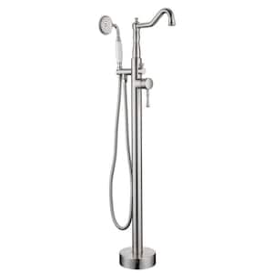 Single Handle Classical Freestanding Bathtub Faucet with Hand Shower in Brushed Nickel