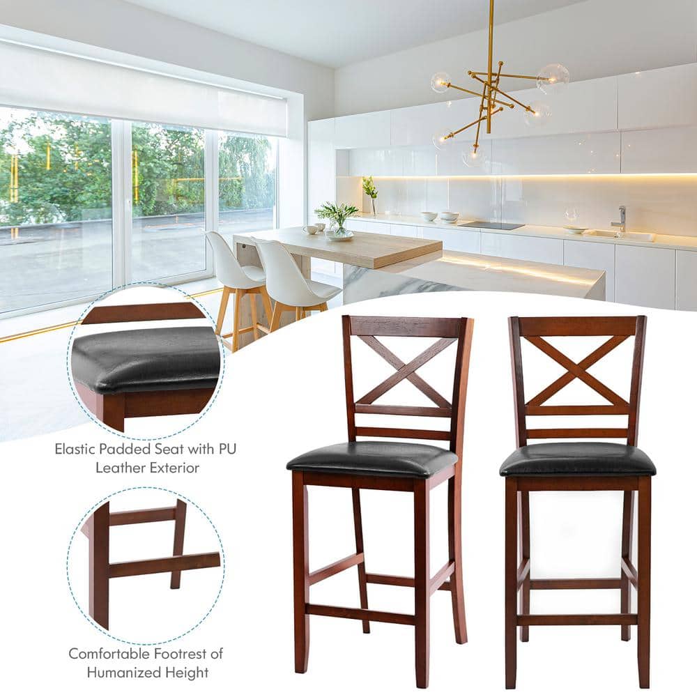 Elegant 25'' Black Leather & Glossy Walnut Wood Counter Stools, Set of 4