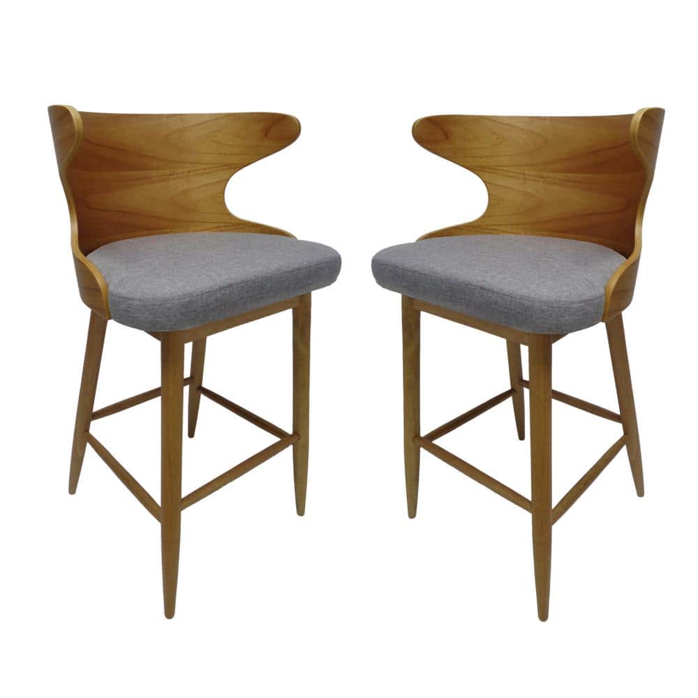 Noble House Kamryn MidCentury Modern 30.25 in. Natural Wooden Bar Stools with Light Gray Fabric
