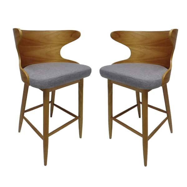 Noble House Kamryn Mid-Century Modern 30.25 in. Natural Wooden Bar Stools with Light Gray Fabric Seat Cushion (Set of 2)