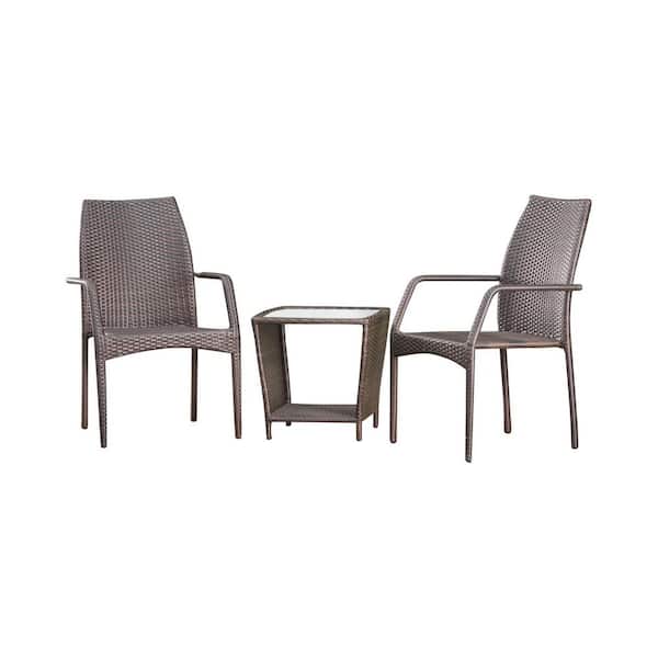 Noble House Cookton Multi-Brown 3-Piece Faux Rattan Patio Conversation Set