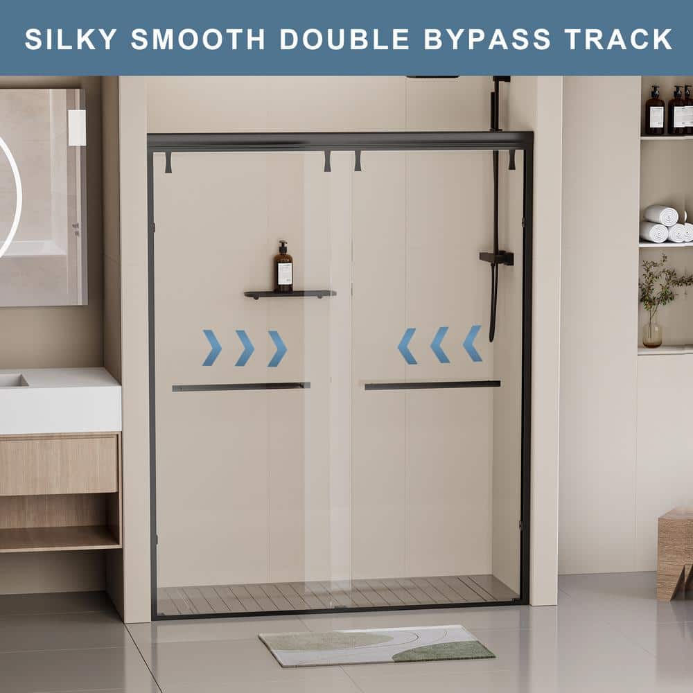 Matte Black Semi-Frameless Double Sliding Shower Door with Clear Tempered Glass