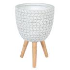 White Cube Design 14.6 in. Round MgO Planter with Wood Legs Composite Decorative Pot