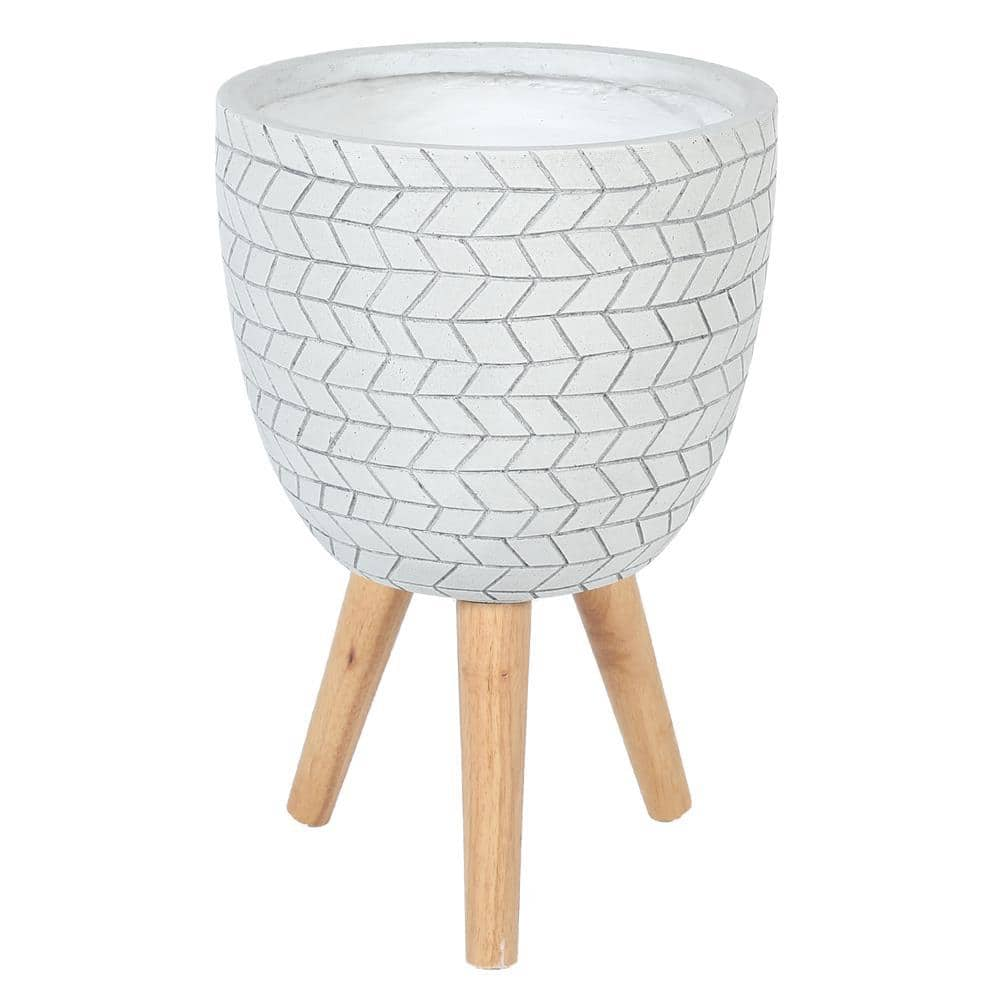 LuxenH〓me Cube Design White 12.1-Inch Round MgO Planter with Wood