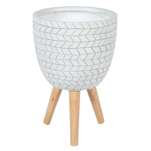 White Cube Design 12.1 in. Round MgO Planter with Wood Legs Composite Decorative Pot