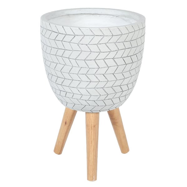 LuxenHome White Cube Design 12.1 in. Round MgO Planter with Wood Legs Composite Decorative Pot
