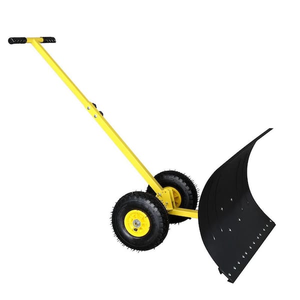 Manual Floor Sweeper Heavy Duty Steel Snow Shovel with Wheels Adjustable Handle Snow Pusher with Anti-Scratch Plate