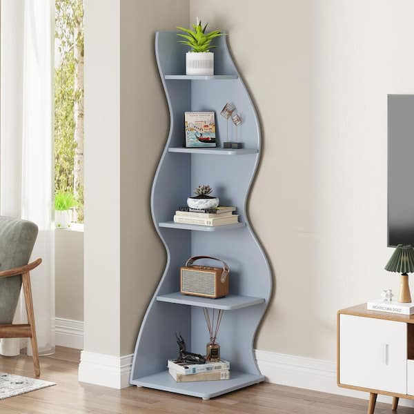 BYBLIGHT Eulas 69.8 in. Tall Blue Engineered Wood 5-Shelf Standard Bookcase Corner Shelf with Storage