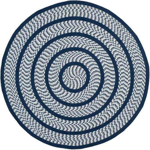 SAFAVIEH Braided Ivory Navy 8 ft. x 8 ft. Border Round Area Rug
