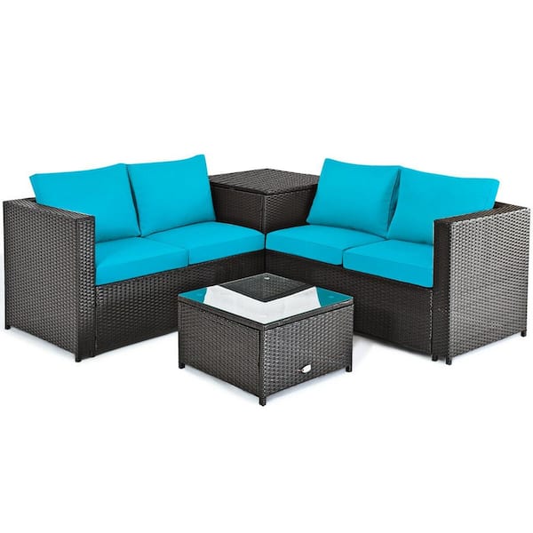 ANGELES HOME 4-Piece Wicker All Weather PE Garden Outdoor Patio Conversation Sofa Set with Turquoise Cushions, Storage Box