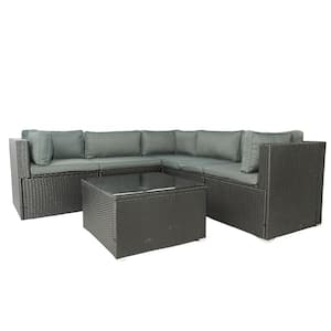6-Pieces Wicker Outdoor Furniture Sectional Sofa Storage Under Seat With Gray Cushioned