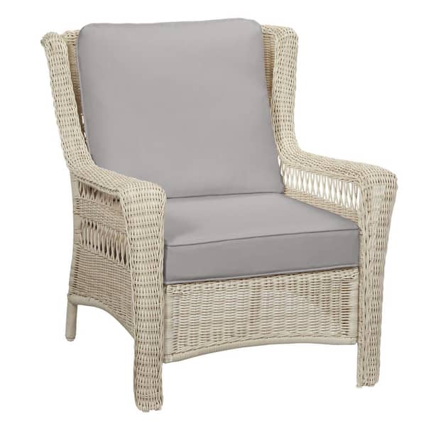 Hampton Bay Park Meadows Off-White Wicker Outdoor Patio Lounge Chair with CushionGuard Stone Gray Cushions