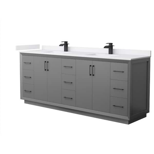 Wyndham Collection Strada 84 in. W x 22 in. D x 35 in. H Double Bath Vanity in Dark Gray with White Cultured Marble Top