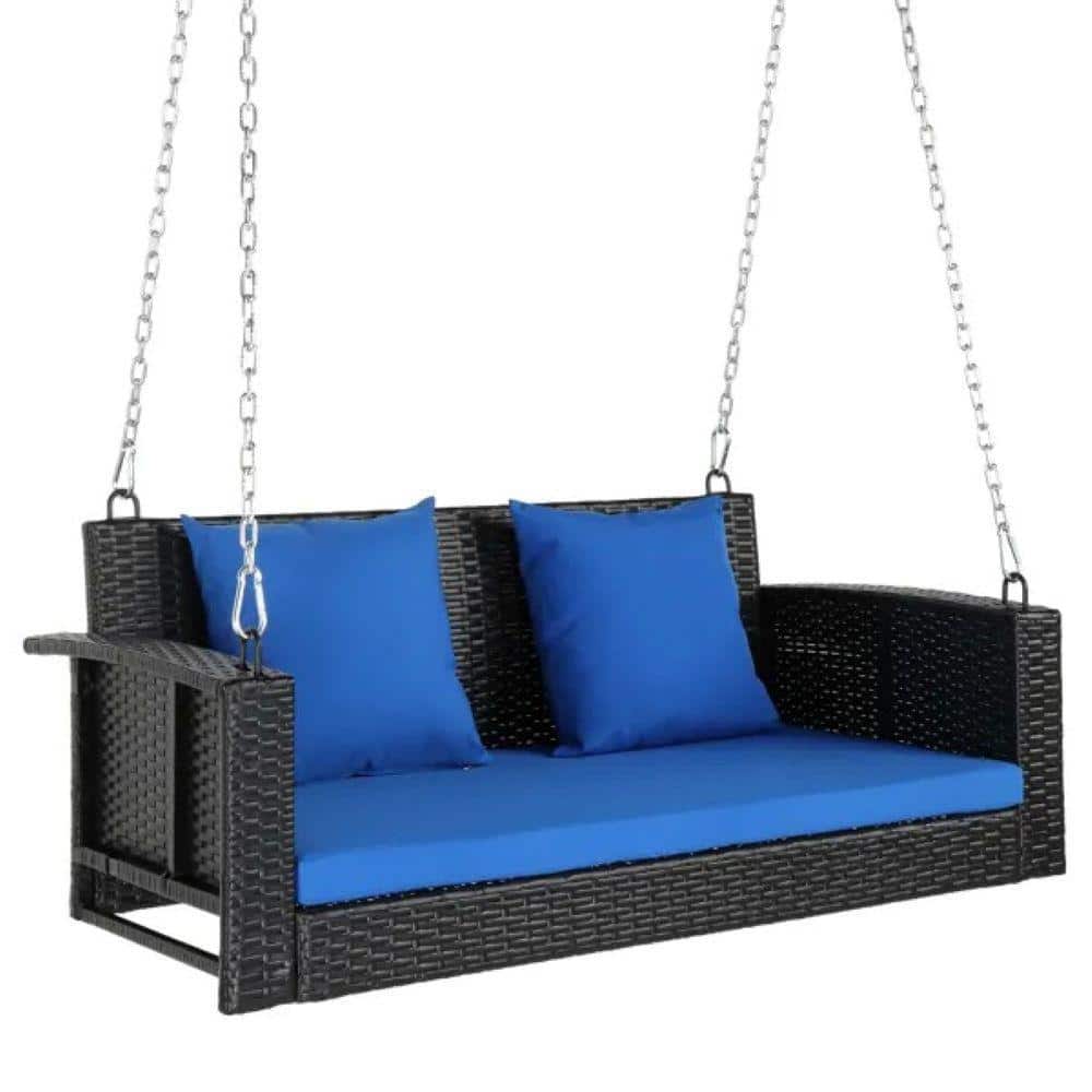 2-Person Wicker Porch Swing with Blue Cushions & Adjustable Chains-Rustic Outdoor Patio Swing for Deck, Garden 48 in. price history on PriceWatchPro
