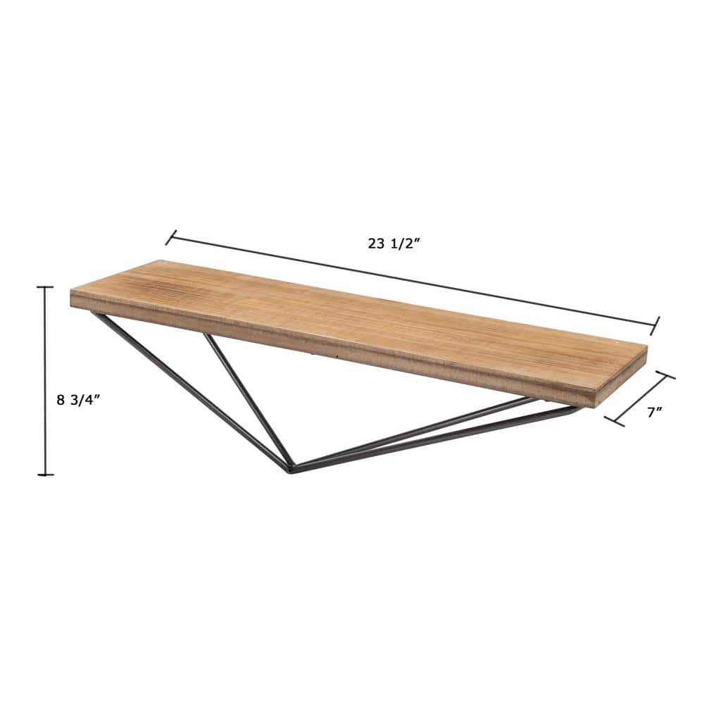 Asymmetrical Black Metal and Pine Wood 26'' Floating Wall Shelf