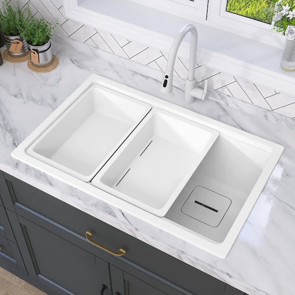 All-in-One 30 in. Drop-In/Undermount Single Bowl Matte White Granite Composite Kitchen Workstation Sink with Accessory