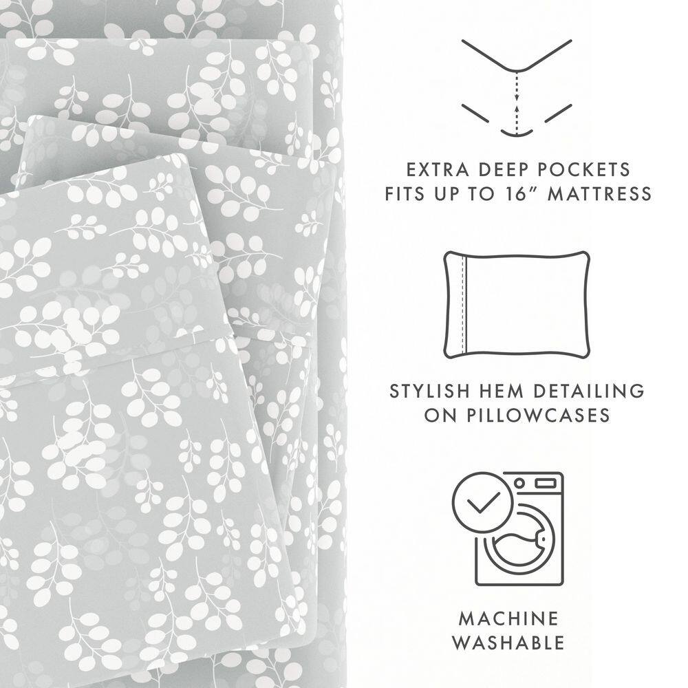 Gray Floral Print Microfiber Full Sheet Set