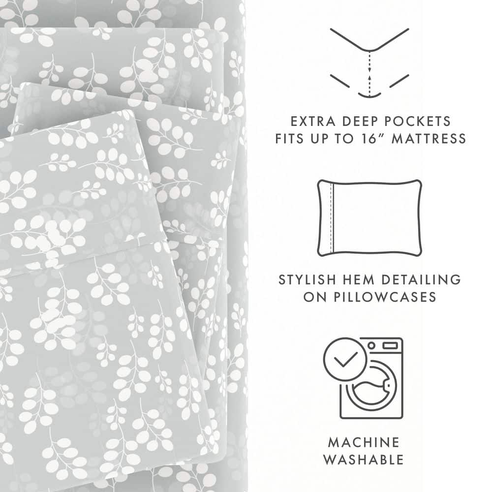 Gray Queen Microfiber Botanical Print Sheet Set
