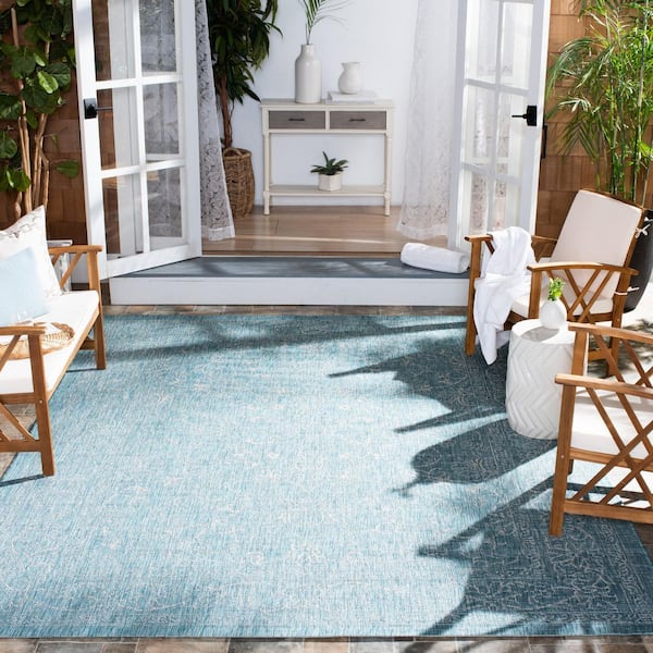 Courtyard Aqua/Gray 8 ft. x 8 ft. Border Floral Scroll Indoor/Outdoor Square Area Rug